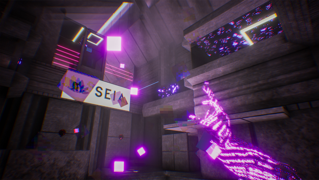 First-person Anomaly 52 gameplay in a dark science-fiction environment with glowing hands and magenta lights.