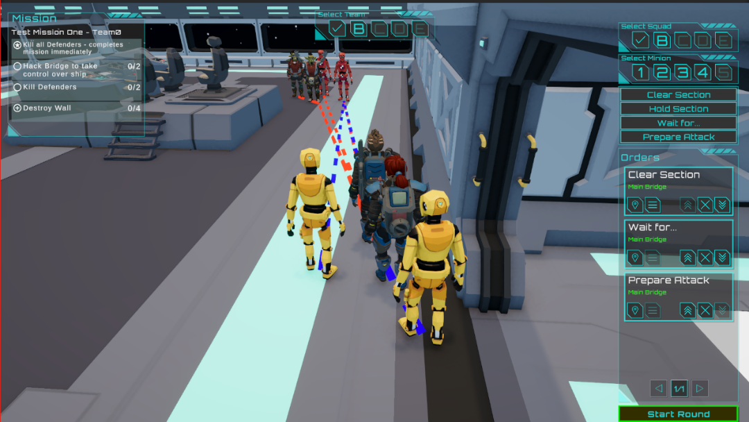 Boarding Party gameplay showing a squad, opponents, and queued tactical orders aboard a spaceship.