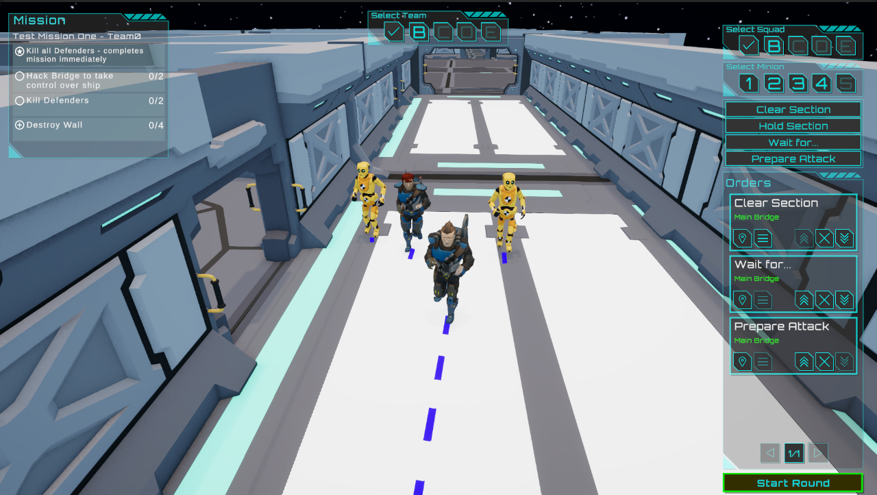 Boarding Party gameplay showing a squad moving through a spaceship corridor.