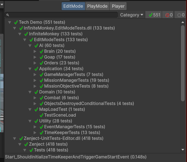 Unity Test Runner in Boarding Party showing the EditMode test suite and Zenject tests.