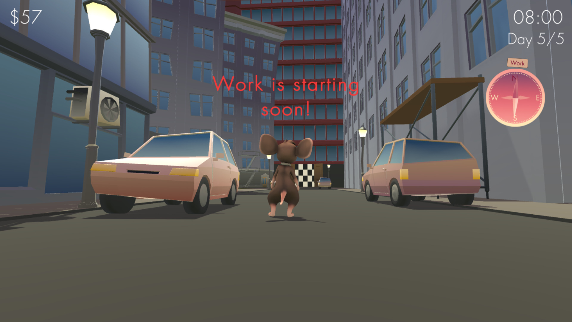 Gameplay scene from Cheese the Day showing the player character on a city street among several vehicles.