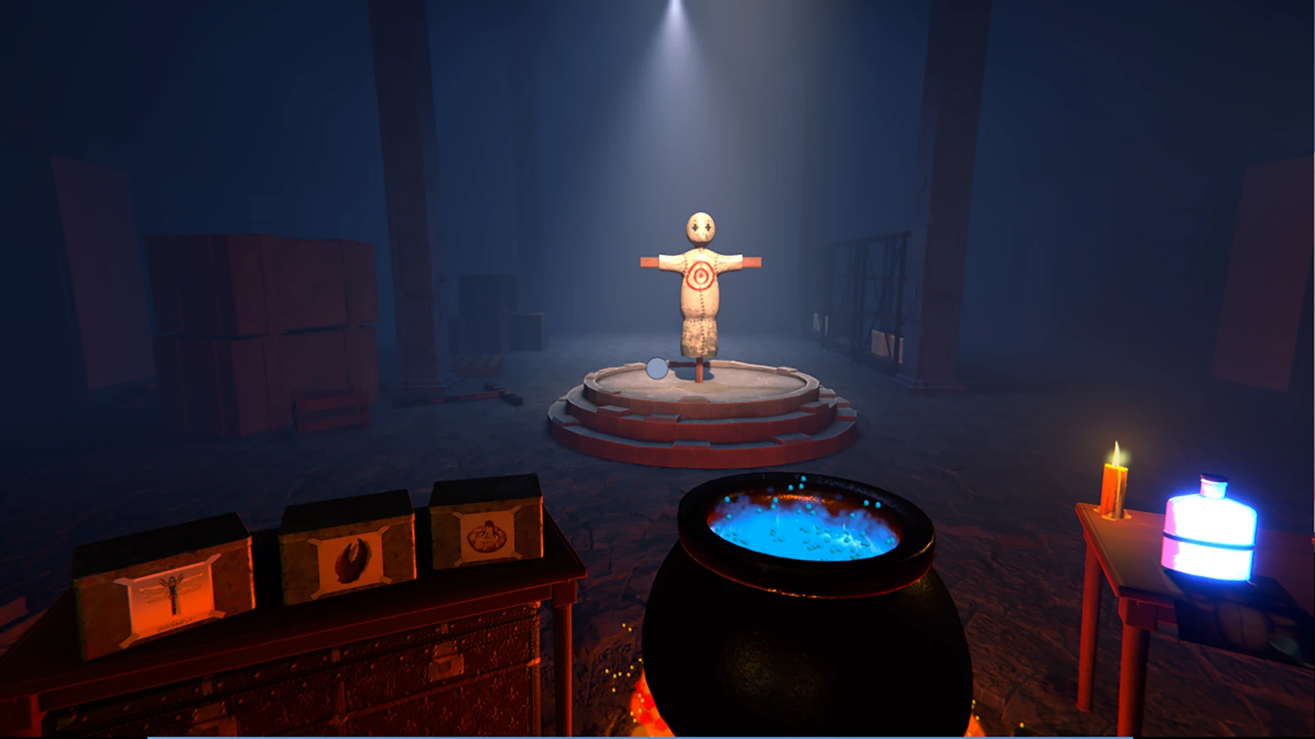 Gameplay scene from Novice Alchemist showing a glowing cauldron, potion ingredients, a bottle, and a training dummy.