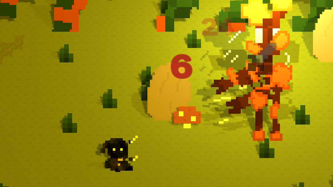 Whispering Lights gameplay showing the player character fighting a boss in a forest area.