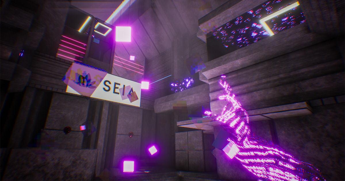 First-person Anomaly 52 gameplay in a dark science-fiction environment with glowing hands and magenta lights.