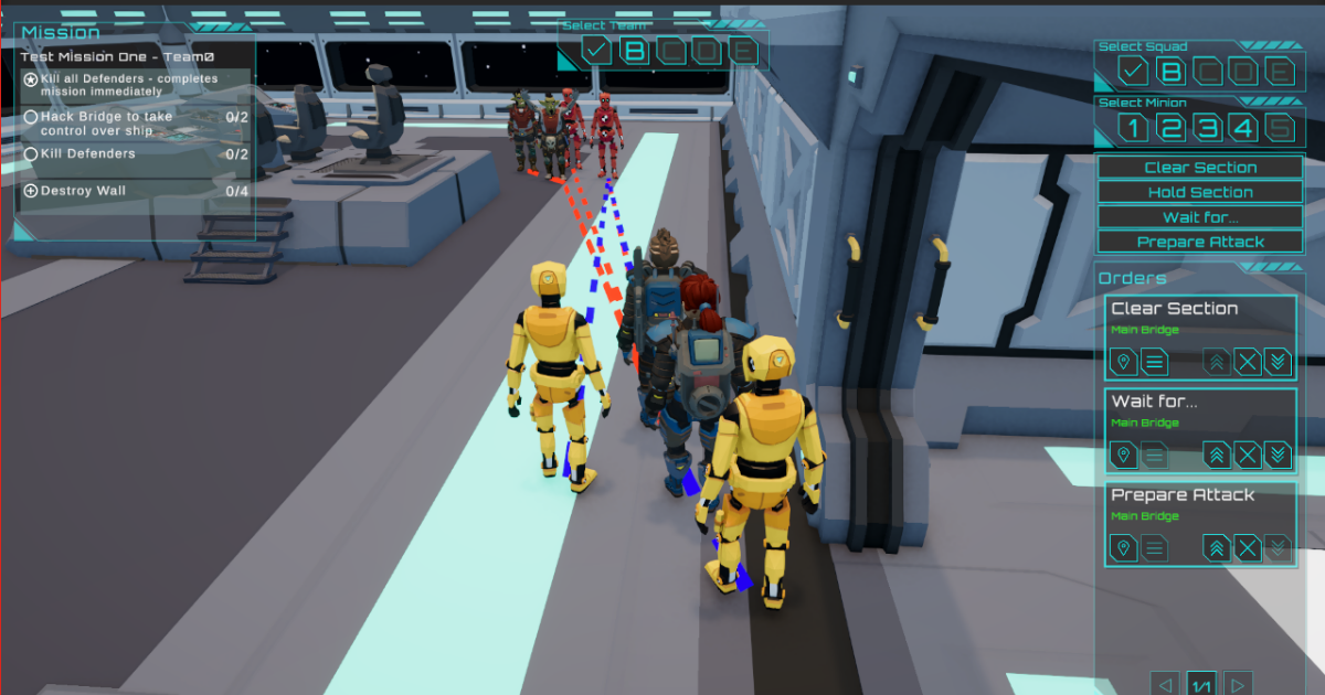 Boarding Party gameplay showing a squad, opponents, and queued tactical orders aboard a spaceship.