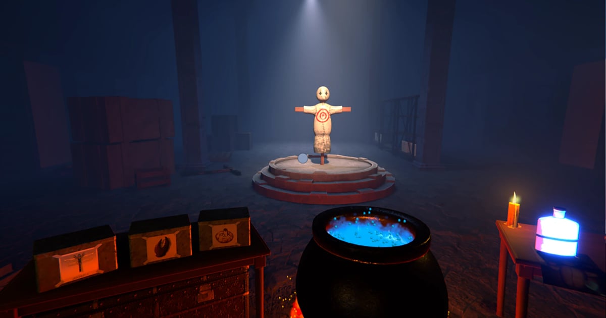 Novice Alchemist gameplay showing a glowing cauldron, potion ingredients, a bottle, and a training dummy.
