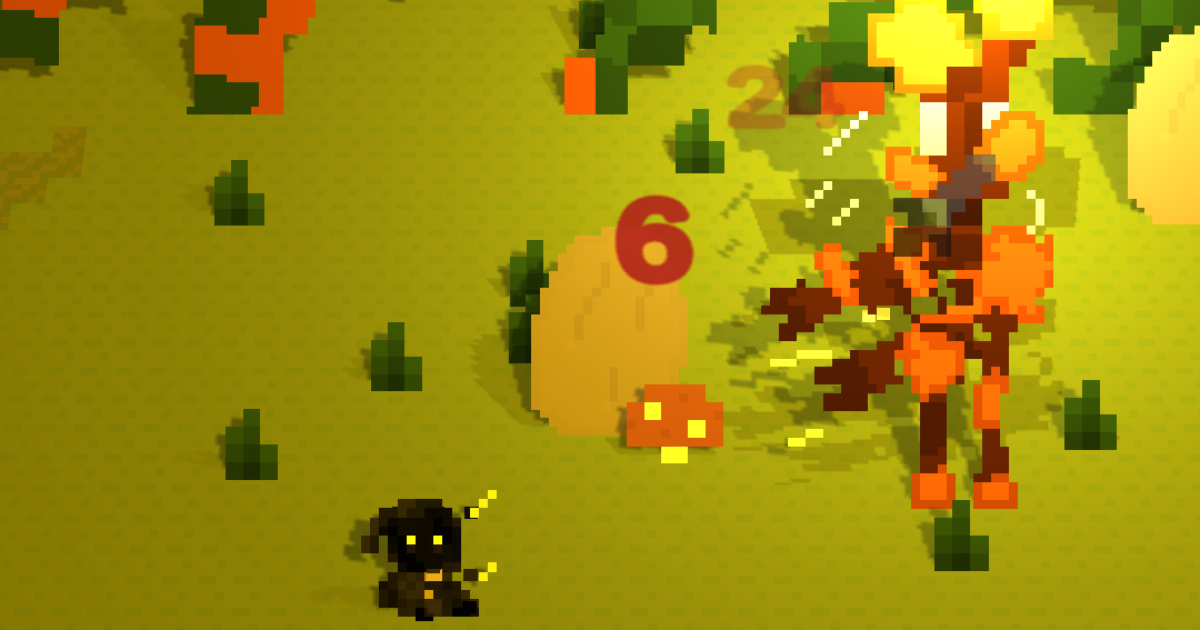 Whispering Lights gameplay showing the player character fighting a boss in a forest area.